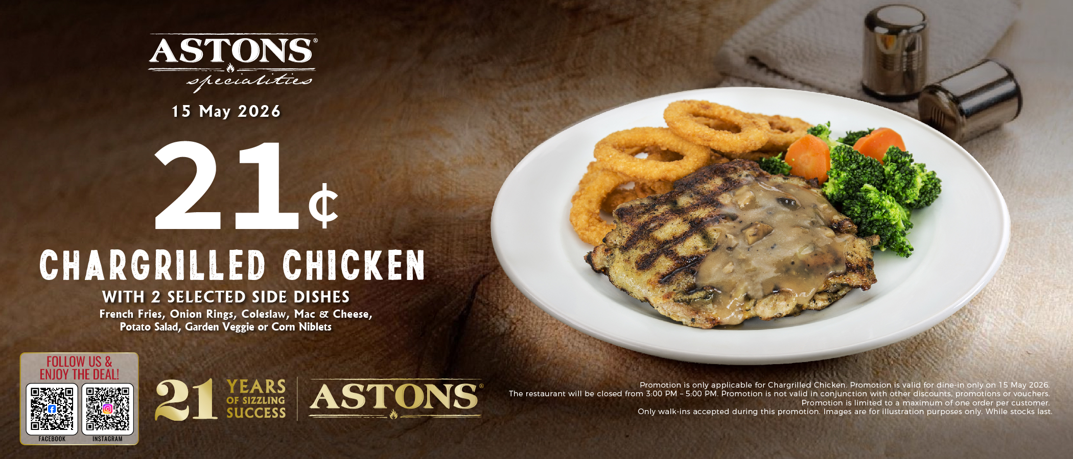Astons Anniversary Promotion – 21 cents Chargrilled Chicken on 15 May 2026