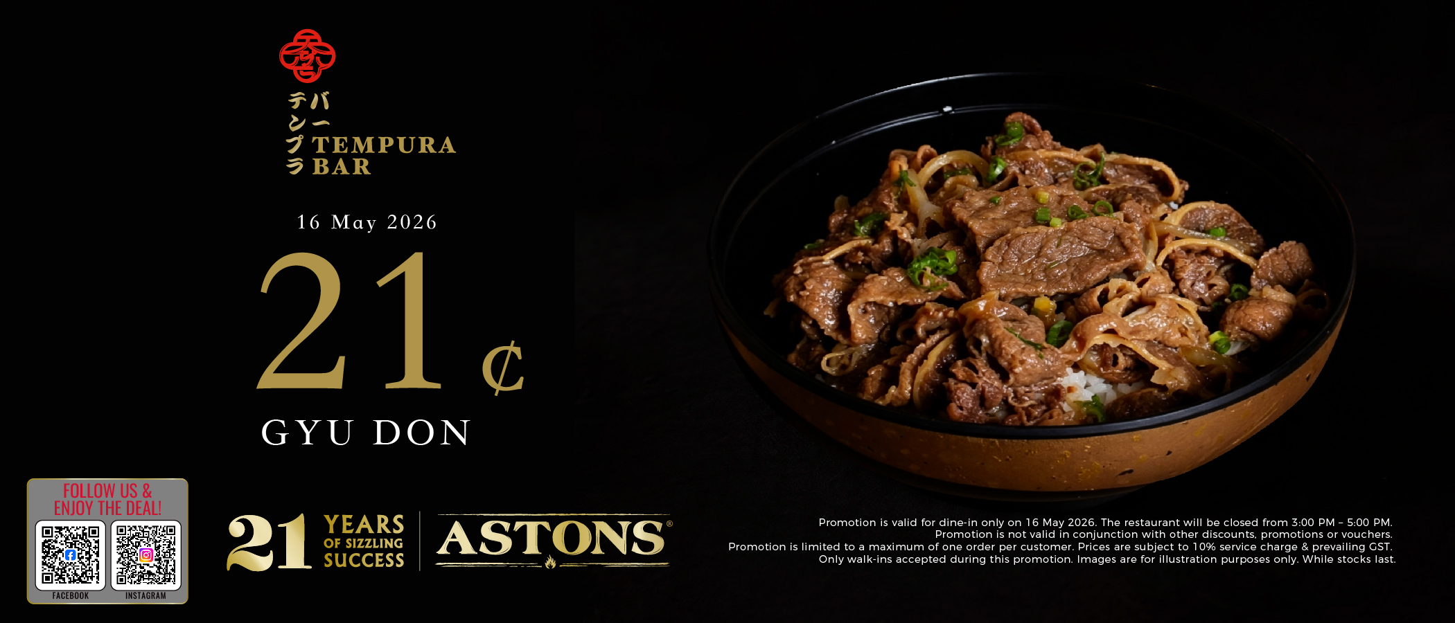 Tempura Bar – Anniversary Promotion: 21 cents Gyudon on 16 May 2026