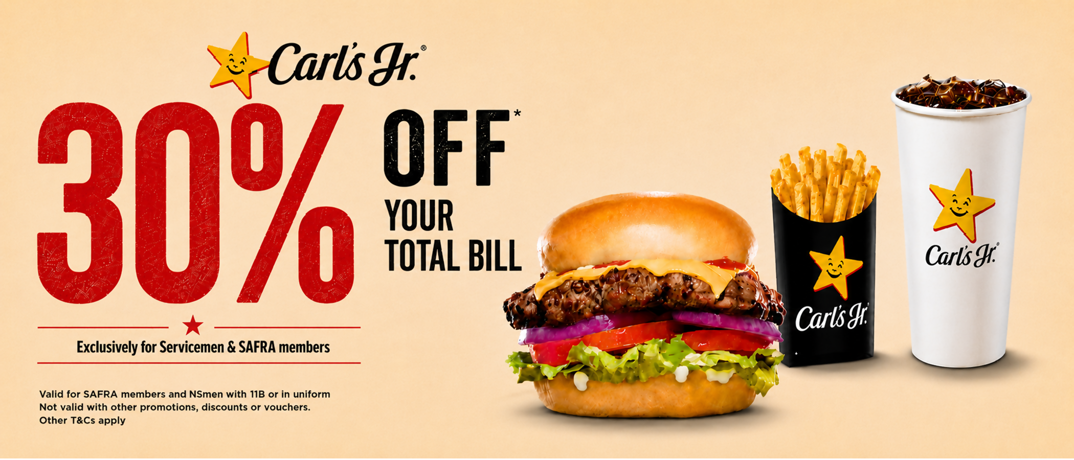 Enjoy 30% off your total bill at Carls’ Jr!